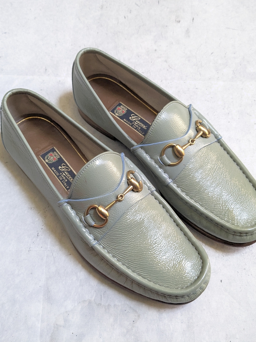 Gucci Men's Light Green Patent Leather Horsebit Loafers US 9